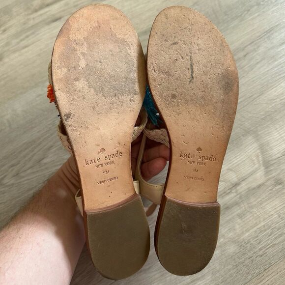 Kate Spade New York Sunset Sandals Pom Poms Tassles Woven Leather Straps Size 9 - Picture 11 of 12